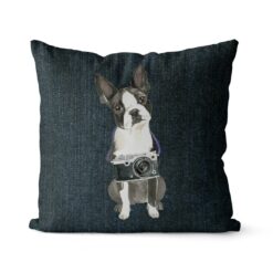 Boston Terrier dog Inspired Denim Style Throw Pillow Cushion - Travel collection 17 Adventure is out there cushion Boston Terrier Dark Denim front view