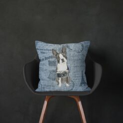 Boston Terrier dog Inspired Denim Style Throw Pillow Cushion - Travel collection 14 Adventure is out there cushion Boston Terrier Faded Ephemera Denim black chair