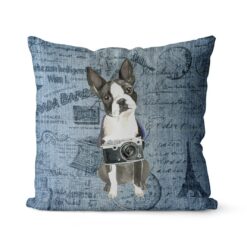 Boston Terrier dog Inspired Denim Style Throw Pillow Cushion - Travel collection