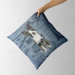 Boston Terrier dog Inspired Denim Style Throw Pillow Cushion - Travel collection 13 Adventure is out there cushion Boston Terrier Faded Ephemera Denim holding in hand