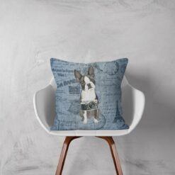 Boston Terrier dog Inspired Denim Style Throw Pillow Cushion - Travel collection 12 Adventure is out there cushion Boston Terrier Faded Ephemera Denim white chair