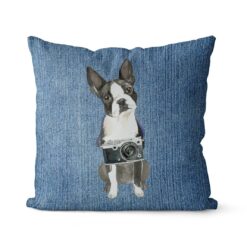Boston Terrier dog Inspired Denim Style Throw Pillow Cushion - Travel collection 16 Adventure is out there cushion Boston Terrier Gently Faded Denim front view