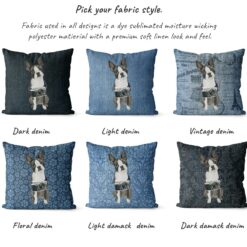 Boston Terrier dog Inspired Denim Style Throw Pillow Cushion - Travel collection 15 Adventure is out there cushion Boston Terrier variations