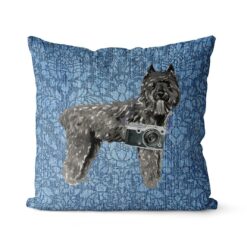 Bouvier des Flandres dog Inspired Denim Style Throw Pillow Cushion - Travel collection 17 Adventure is out there cushion Bouvier des Flandres Bleached Damask Denim front view