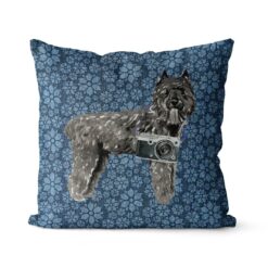 Bouvier des Flandres dog Inspired Denim Style Throw Pillow Cushion - Travel collection 16 Adventure is out there cushion Bouvier des Flandres Daisy Denim front view