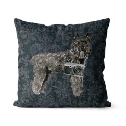 Bouvier des Flandres dog Inspired Denim Style Throw Pillow Cushion - Travel collection 15 Adventure is out there cushion Bouvier des Flandres Dark Damask Denim front view