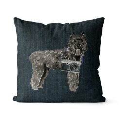 Bouvier des Flandres dog Inspired Denim Style Throw Pillow Cushion - Travel collection 14 Adventure is out there cushion Bouvier des Flandres Dark Denim front view