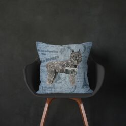 Bouvier des Flandres dog Inspired Denim Style Throw Pillow Cushion - Travel collection 12 Adventure is out there cushion Bouvier des Flandres Faded Ephemera Denim black chair