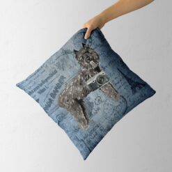 Bouvier des Flandres dog Inspired Denim Style Throw Pillow Cushion - Travel collection 11 Adventure is out there cushion Bouvier des Flandres Faded Ephemera Denim holding in hand