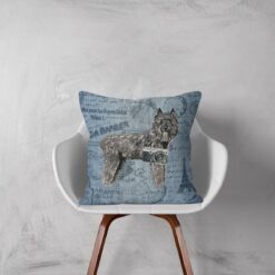 Bouvier des Flandres dog Inspired Denim Style Throw Pillow Cushion - Travel collection 10 Adventure is out there cushion Bouvier des Flandres Faded Ephemera Denim white chair
