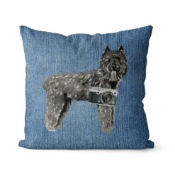 Bouvier des Flandres dog Inspired Denim Style Throw Pillow Cushion - Travel collection 13 Adventure is out there cushion Bouvier des Flandres Gently Faded Denim front view