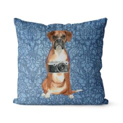 Boxer dog Inspired Denim Style Throw Pillow Cushion - Travel collection 18 Adventure is out there cushion Boxer Bleached Damask Denim front view