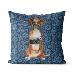 Boxer dog Inspired Denim Style Throw Pillow Cushion - Travel collection 17 Adventure is out there cushion Boxer Daisy Denim front view