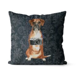 Boxer dog Inspired Denim Style Throw Pillow Cushion - Travel collection 16 Adventure is out there cushion Boxer Dark Damask Denim front view