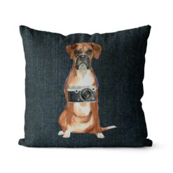 Boxer dog Inspired Denim Style Throw Pillow Cushion - Travel collection 15 Adventure is out there cushion Boxer Dark Denim front view