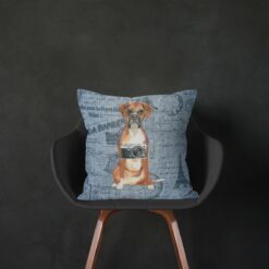 Boxer dog Inspired Denim Style Throw Pillow Cushion - Travel collection 13 Adventure is out there cushion Boxer Faded Ephemera Denim black chair