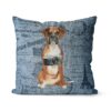Boxer dog Inspired Denim Style Throw Pillow Cushion - Travel collection 2 Adventure is out there cushion Boxer Faded Ephemera Denim front view