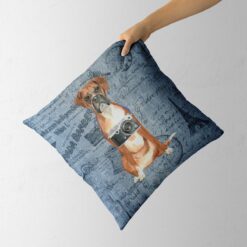 Boxer dog Inspired Denim Style Throw Pillow Cushion - Travel collection 12 Adventure is out there cushion Boxer Faded Ephemera Denim holding in hand