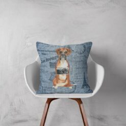 Boxer dog Inspired Denim Style Throw Pillow Cushion - Travel collection 11 Adventure is out there cushion Boxer Faded Ephemera Denim white chair