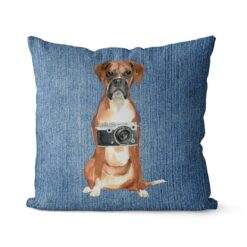Boxer dog Inspired Denim Style Throw Pillow Cushion - Travel collection 14 Adventure is out there cushion Boxer Gently Faded Denim front view