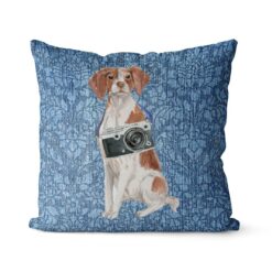 Brittany dog Inspired Denim Style Throw Pillow Cushion - Travel collection 18 Adventure is out there cushion Brittany Bleached Damask Denim front view