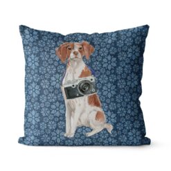 Brittany dog Inspired Denim Style Throw Pillow Cushion - Travel collection 17 Adventure is out there cushion Brittany Daisy Denim front view