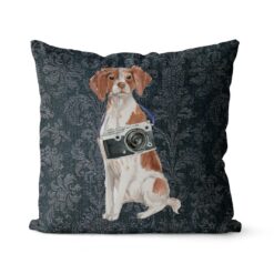 Brittany dog Inspired Denim Style Throw Pillow Cushion - Travel collection 16 Adventure is out there cushion Brittany Dark Damask Denim front view