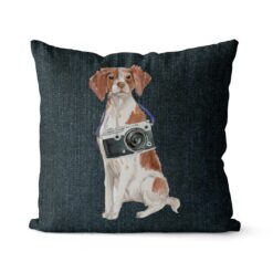 Brittany dog Inspired Denim Style Throw Pillow Cushion - Travel collection 15 Adventure is out there cushion Brittany Dark Denim front view