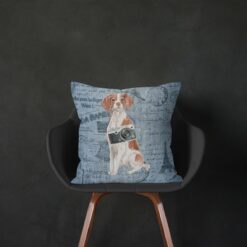 Brittany dog Inspired Denim Style Throw Pillow Cushion - Travel collection 13 Adventure is out there cushion Brittany Faded Ephemera Denim black chair