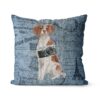 Brittany dog Inspired Denim Style Throw Pillow Cushion - Travel collection 2 Adventure is out there cushion Brittany Faded Ephemera Denim front view