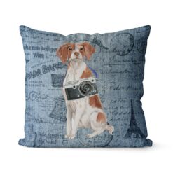 Brittany dog Inspired Denim Style Throw Pillow Cushion - Travel collection