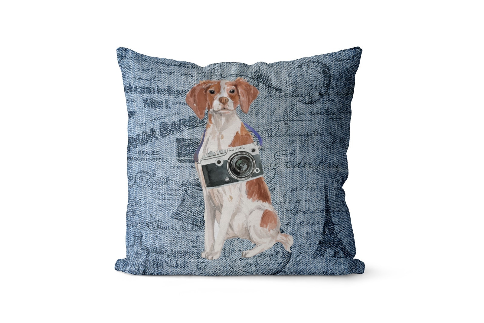 Brittany dog Inspired Denim Style Throw Pillow Cushion - Travel collection 2 Brittany dog Inspired Denim Style Throw Pillow Cushion - Travel collection