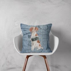 Brittany dog Inspired Denim Style Throw Pillow Cushion - Travel collection 11 Adventure is out there cushion Brittany Faded Ephemera Denim white chair
