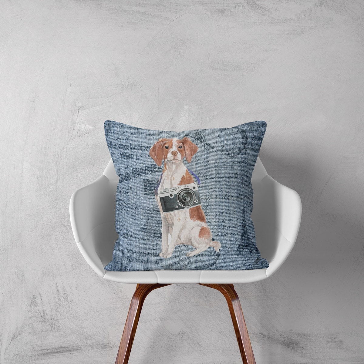 Brittany dog Inspired Denim Style Throw Pillow Cushion - Travel collection 3 Brittany dog Inspired Denim Style Throw Pillow Cushion - Travel collection - Image 2