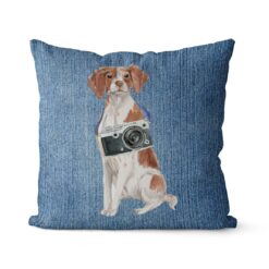 Brittany dog Inspired Denim Style Throw Pillow Cushion - Travel collection 14 Adventure is out there cushion Brittany Gently Faded Denim front view