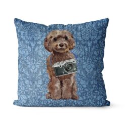Brown Cockapoo dog Inspired Denim Style Throw Pillow Cushion - Travel collection 21 Adventure is out there cushion Brown Cockapoo Bleached Damask Denim front view