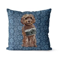 Brown Cockapoo dog Inspired Denim Style Throw Pillow Cushion - Travel collection 20 Adventure is out there cushion Brown Cockapoo Daisy Denim front view