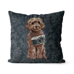 Brown Cockapoo dog Inspired Denim Style Throw Pillow Cushion - Travel collection 19 Adventure is out there cushion Brown Cockapoo Dark Damask Denim front view