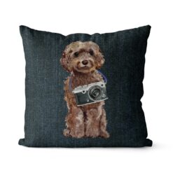 Brown Cockapoo dog Inspired Denim Style Throw Pillow Cushion - Travel collection 18 Adventure is out there cushion Brown Cockapoo Dark Denim front view