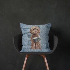 Brown Cockapoo dog Inspired Denim Style Throw Pillow Cushion - Travel collection 15 Adventure is out there cushion Brown Cockapoo Faded Ephemera Denim black chair