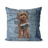 Brown Cockapoo dog Inspired Denim Style Throw Pillow Cushion - Travel collection 1 Adventure is out there cushion Brown Cockapoo Faded Ephemera Denim front view