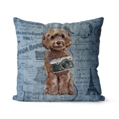 Brown Cockapoo dog Inspired Denim Style Throw Pillow Cushion - Travel collection