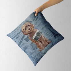 Brown Cockapoo dog Inspired Denim Style Throw Pillow Cushion - Travel collection 14 Adventure is out there cushion Brown Cockapoo Faded Ephemera Denim holding in hand