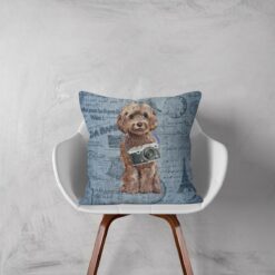 Brown Cockapoo dog Inspired Denim Style Throw Pillow Cushion - Travel collection 13 Adventure is out there cushion Brown Cockapoo Faded Ephemera Denim white chair