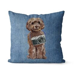 Brown Cockapoo dog Inspired Denim Style Throw Pillow Cushion - Travel collection 17 Adventure is out there cushion Brown Cockapoo Gently Faded Denim front view