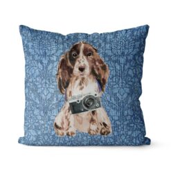 Brown Cocker Spaniel dog Inspired Denim Style Throw Pillow Cushion - Travel collection 19 Adventure is out there cushion Brown Cocker Spaniel Bleached Damask Denim front view