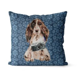 Brown Cocker Spaniel dog Inspired Denim Style Throw Pillow Cushion - Travel collection 18 Adventure is out there cushion Brown Cocker Spaniel Daisy Denim front view