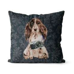 Brown Cocker Spaniel dog Inspired Denim Style Throw Pillow Cushion - Travel collection 17 Adventure is out there cushion Brown Cocker Spaniel Dark Damask Denim front view