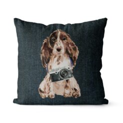 Brown Cocker Spaniel dog Inspired Denim Style Throw Pillow Cushion - Travel collection 16 Adventure is out there cushion Brown Cocker Spaniel Dark Denim front view