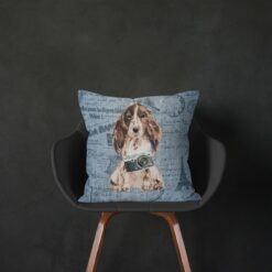 Brown Cocker Spaniel dog Inspired Denim Style Throw Pillow Cushion - Travel collection 14 Adventure is out there cushion Brown Cocker Spaniel Faded Ephemera Denim black chair